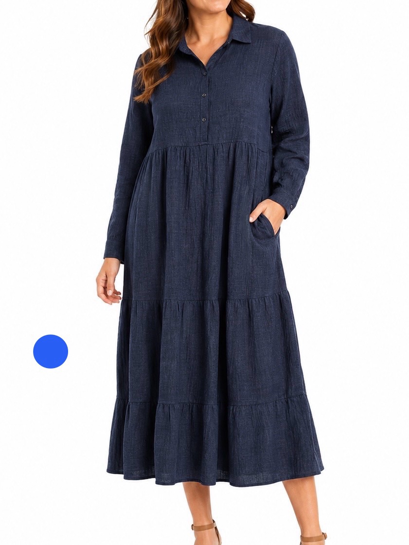 Max Studio London Tiered Maxi Shirt Dress Navy Blue Size Medium